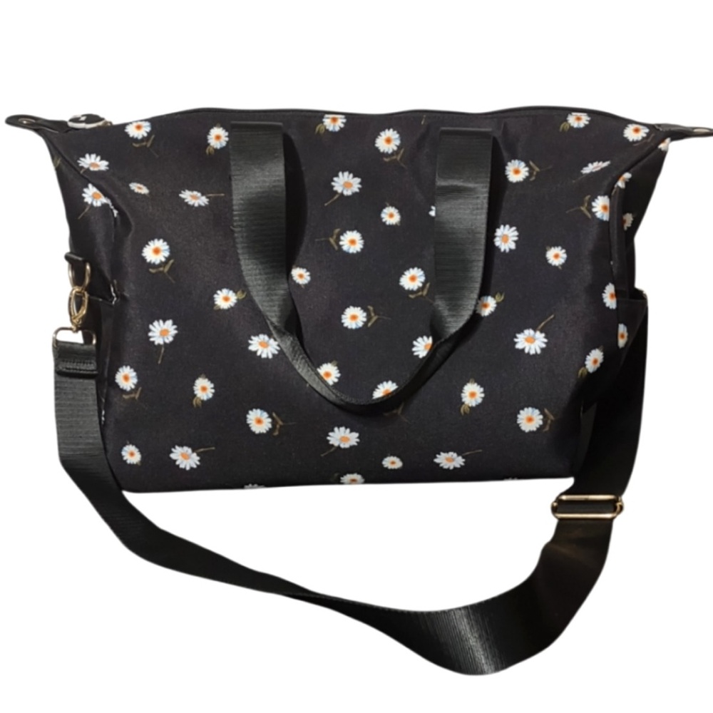 Alice + Olivia NWT Black Canvas Duffel/ Travel Bag with Daisy Print - Picture 1 of 6